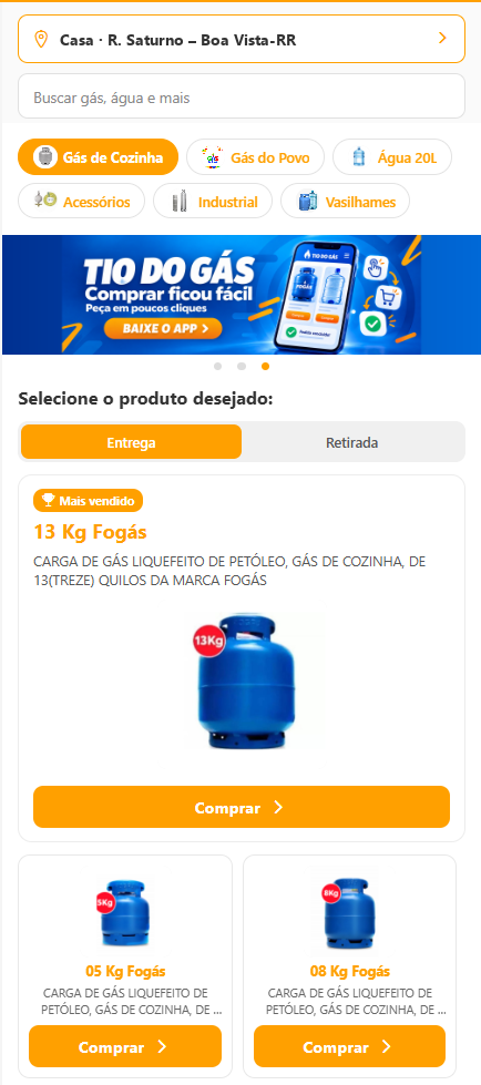 Tela inicial do app Tio do Gás: categorias, banners e os produtos para pedir